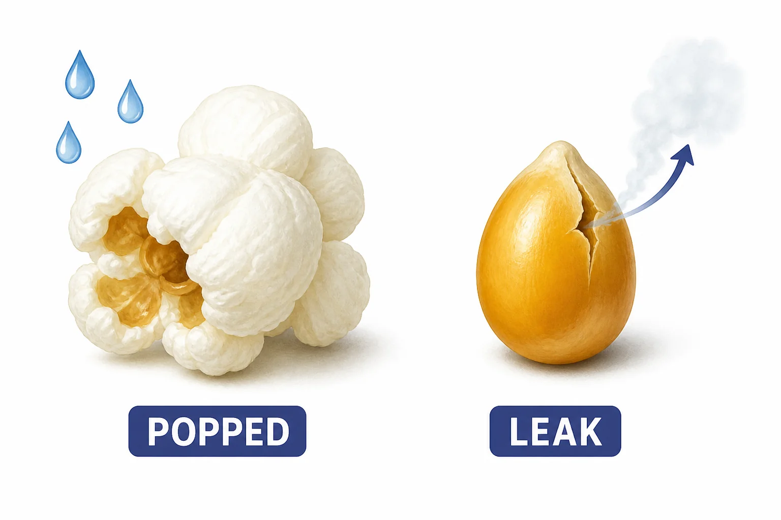 A comparison of a popped kernel and an unpopped kernel showing that hull cracks or low water can stop popping.