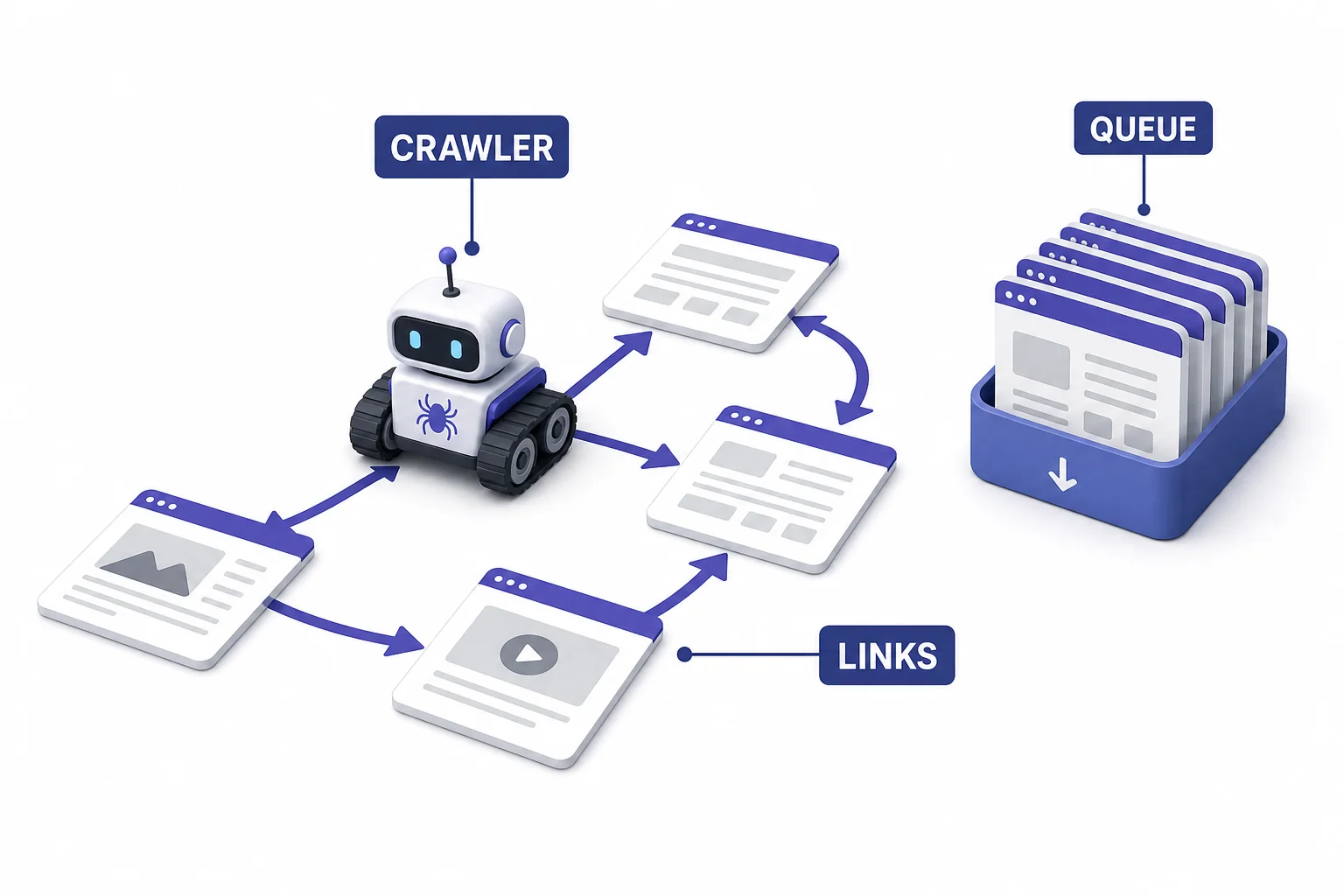A crawler program visiting web pages by following links and adding newly found pages to a visit queue.