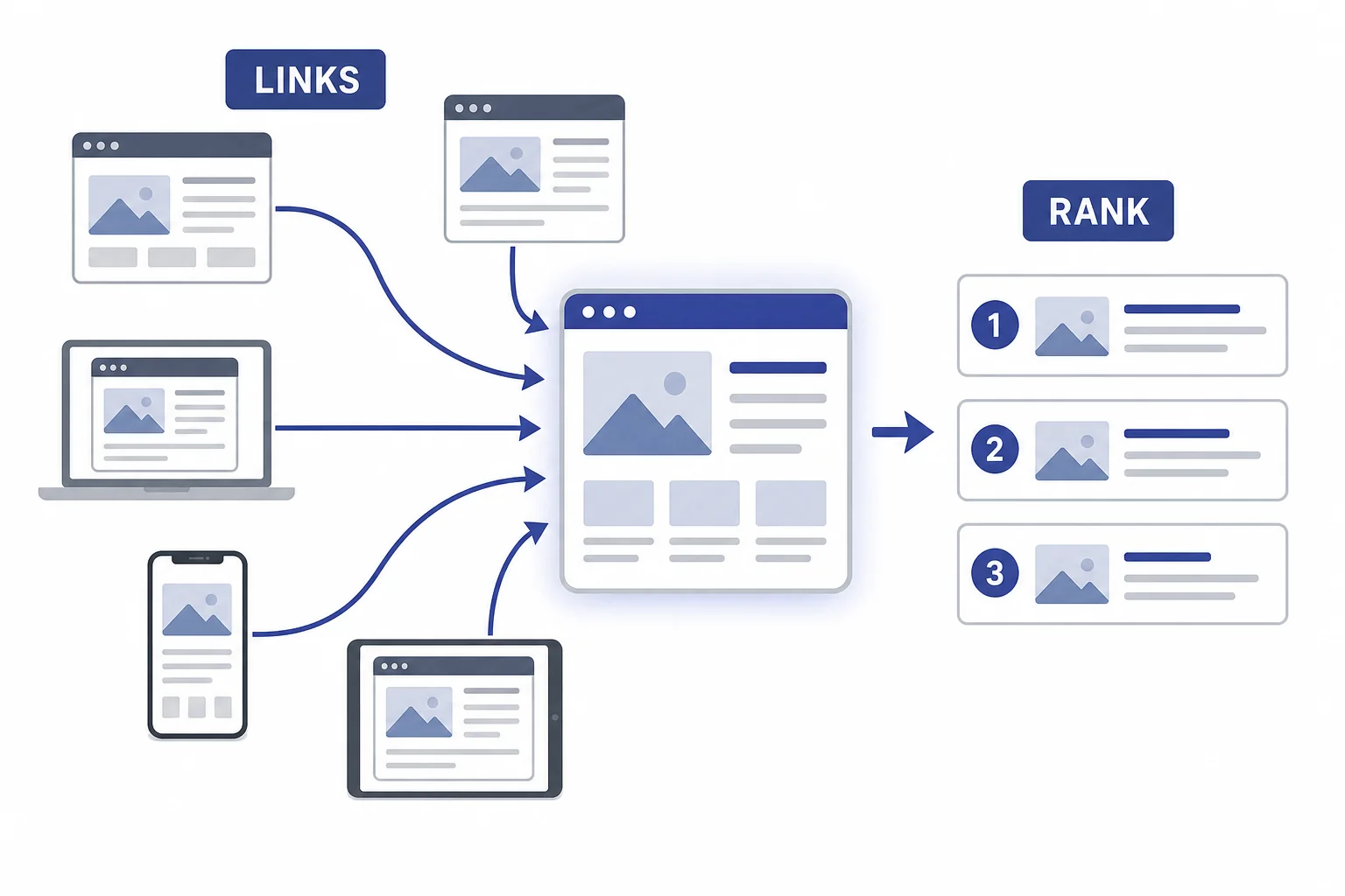 A network of pages where a central page receives links from several other useful pages, suggesting why it may rank higher.