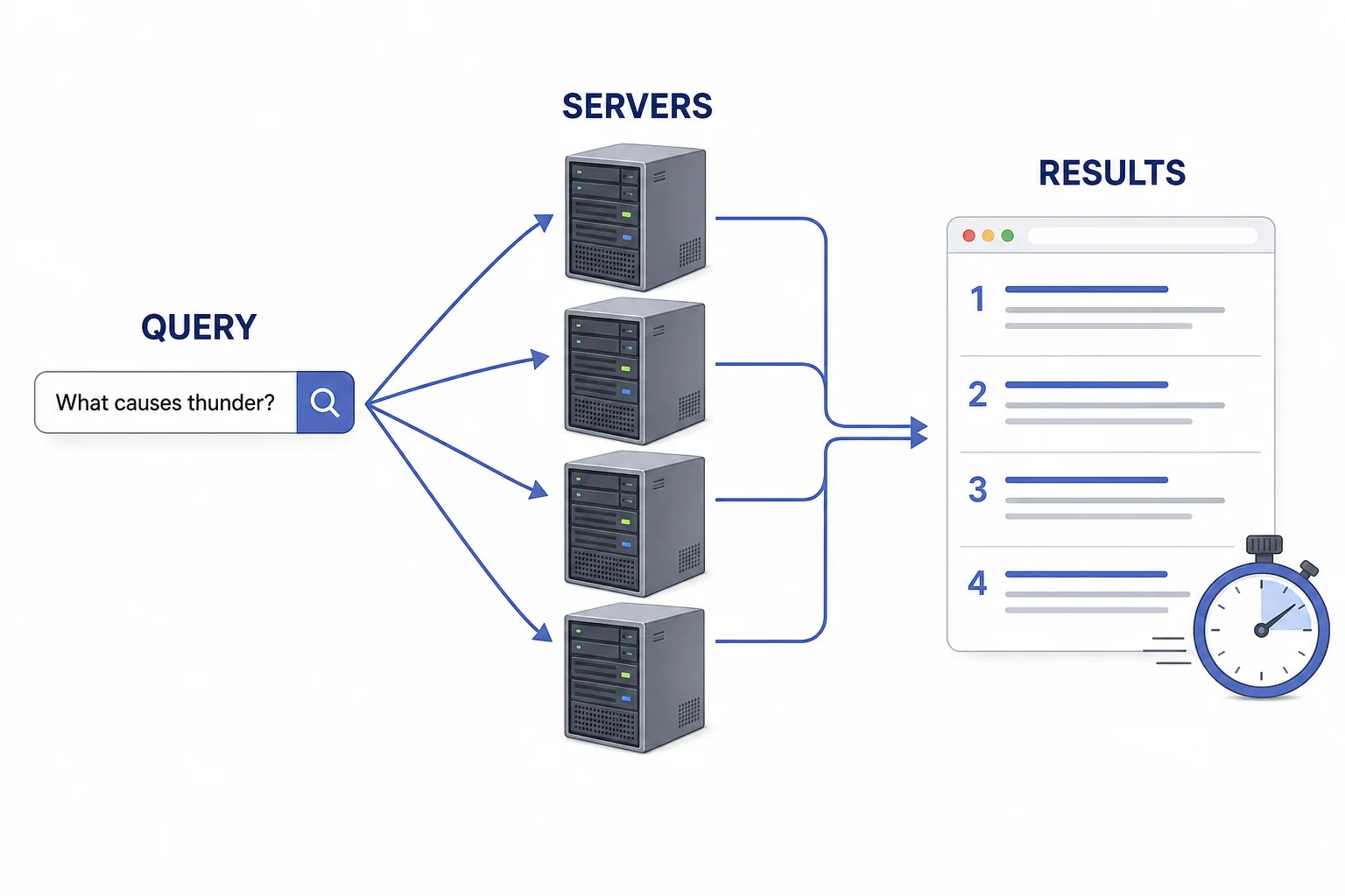 A query being split across several servers, then combined into a short ranked results page.
