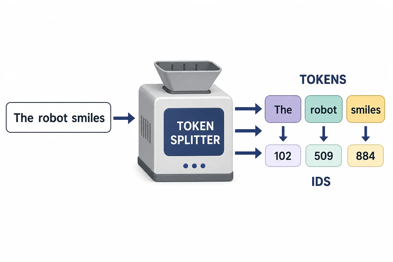 A sentence being divided into smaller token blocks, with each block connected to a numeric ID