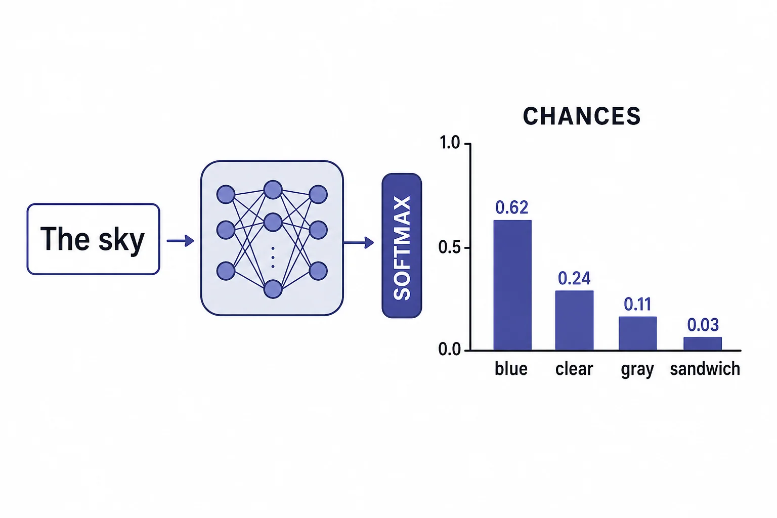 A bar chart showing possible next tokens with different probabilities after a prompt