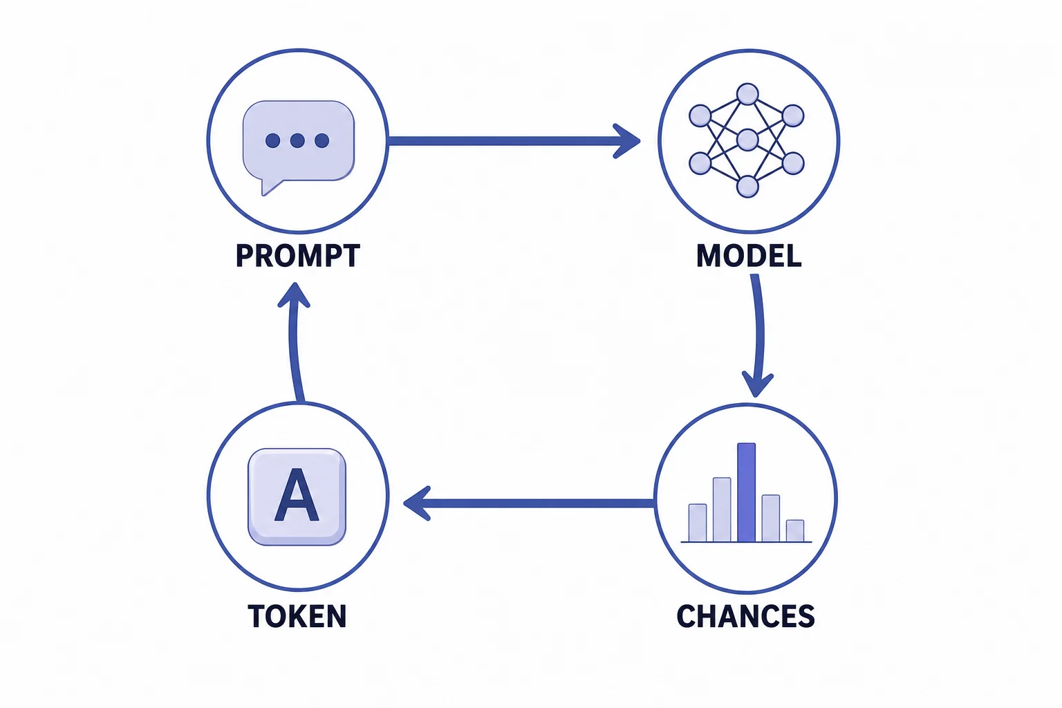 A loop diagram showing a prompt, a probability distribution, a chosen token, and updated text feeding back into the model