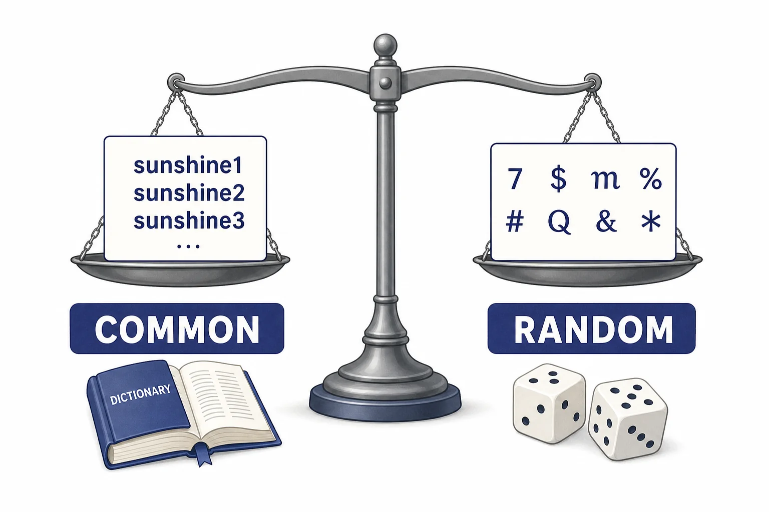 A balance scale comparing a common password pattern with a random string, showing the random string as harder to predict.
