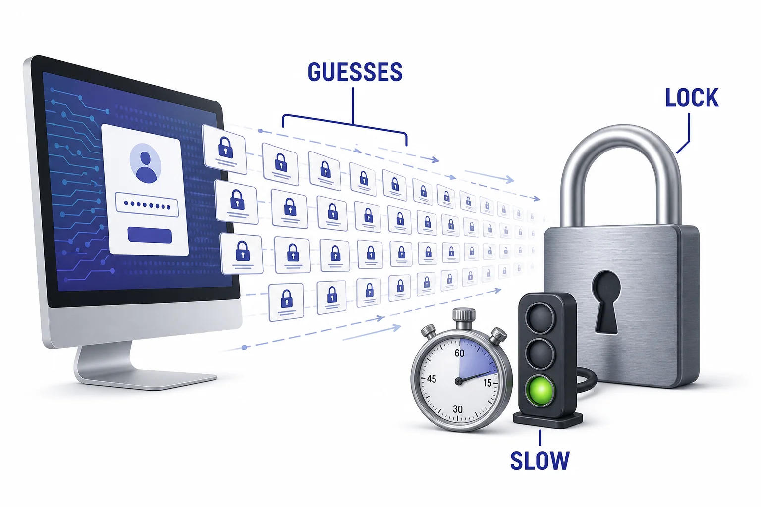 A computer trying many lock combinations, while a rate limit sign slows the attempts.