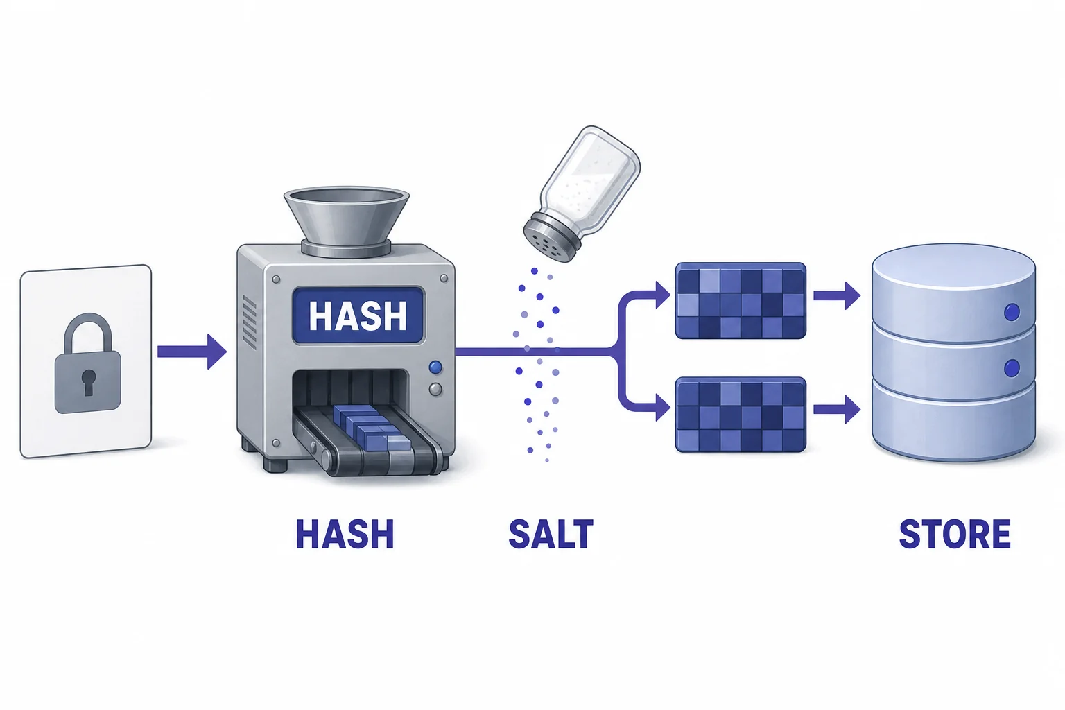 A password going through a hashing machine with a salt shaker icon, producing different stored hash blocks for two accounts.