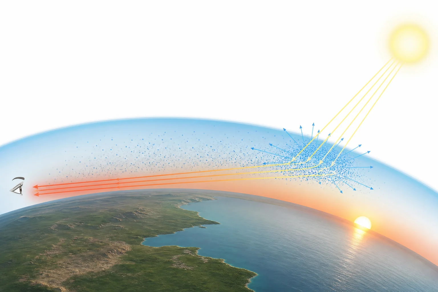 Sunlight passing through a long layer of air near the horizon, with blue light scattered away and red and orange light reaching an observer.