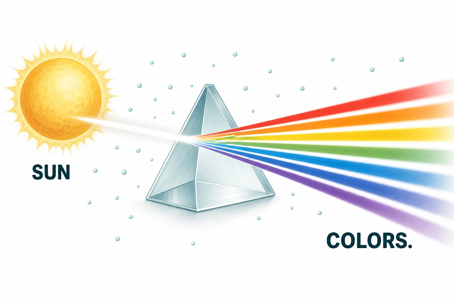 White sunlight spreading into red, orange, yellow, green, blue, and violet color bands before entering a simple layer of air molecules.