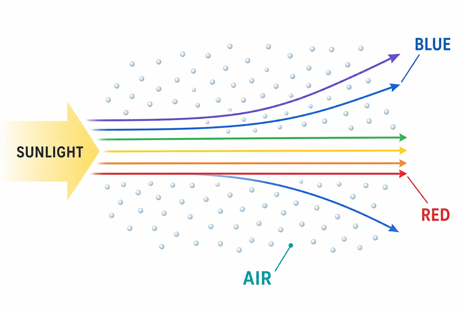 Blue light rays scattering in many directions from small air molecules while red and orange rays continue more directly.