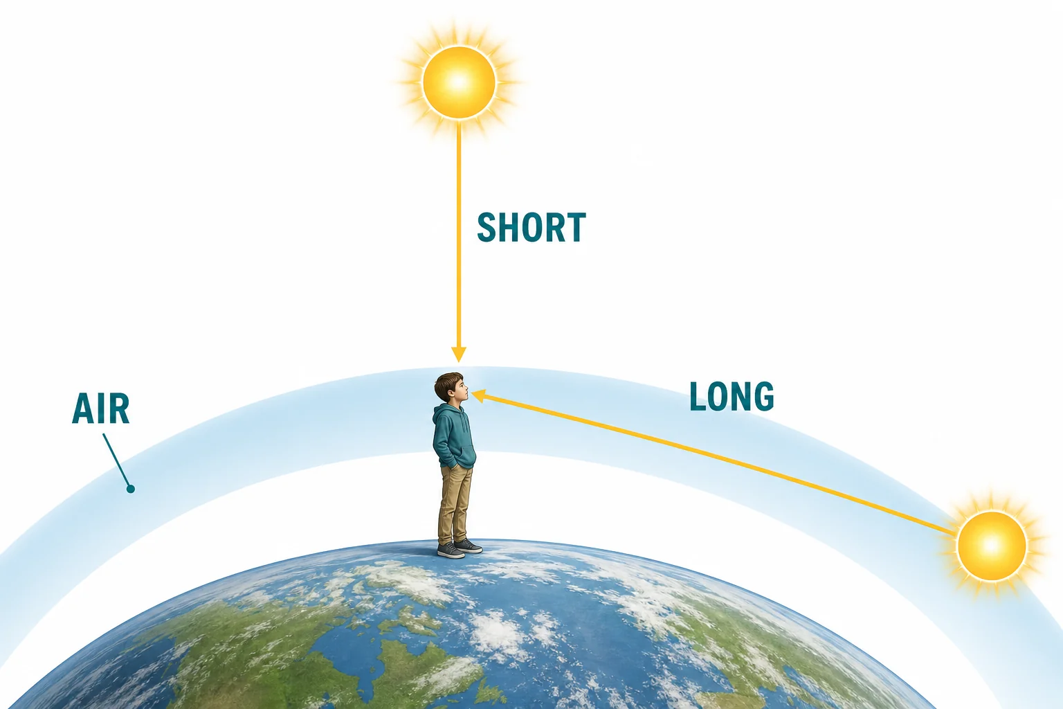 Earth curve with a short daytime light path from a high Sun and a long sunset light path from a low Sun through the atmosphere.