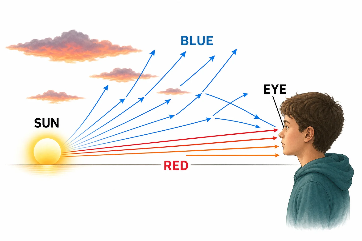 Observer watching red and orange sunset light reach the eye while blue rays are shown scattering away above the horizon.