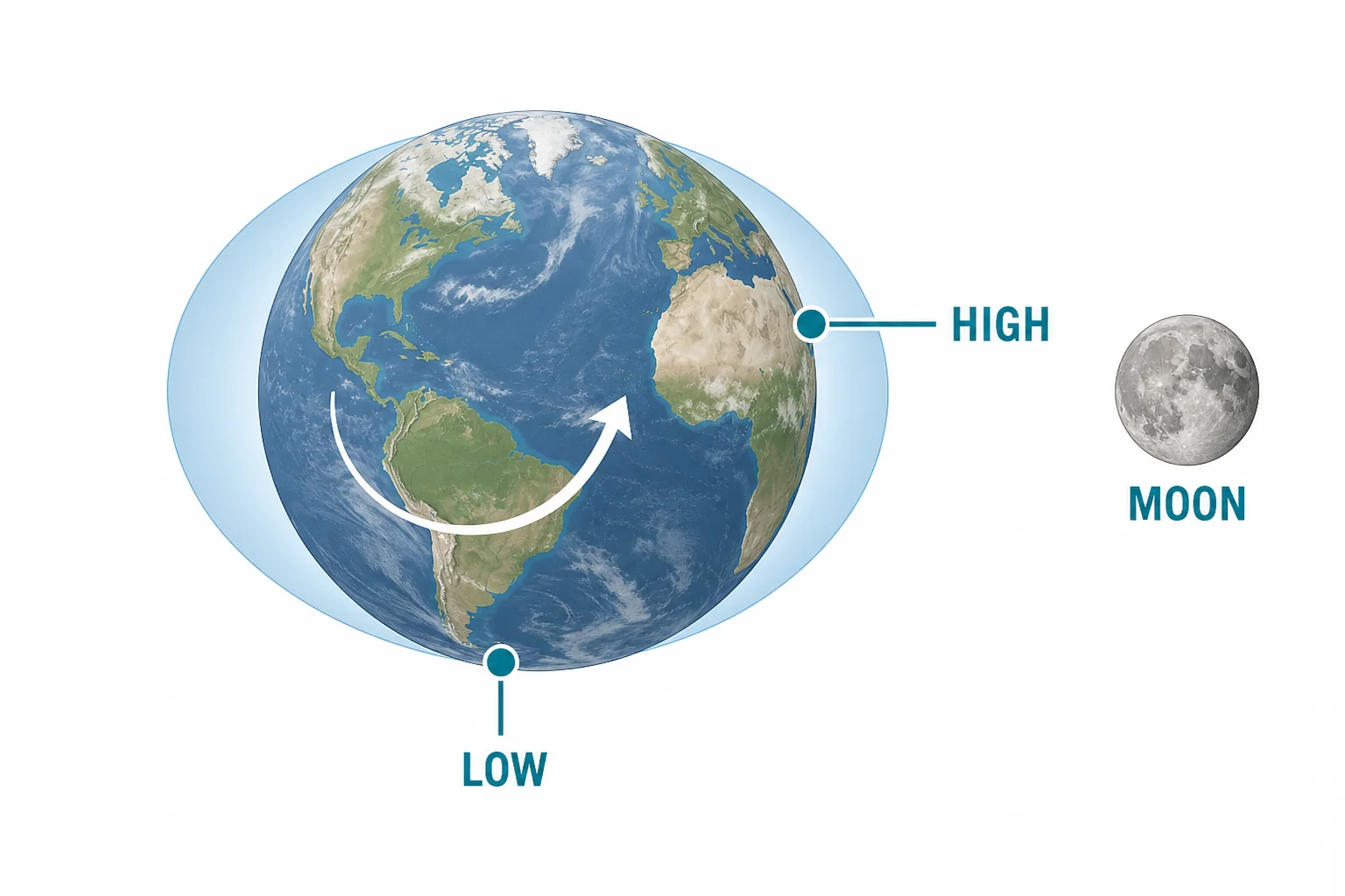 Earth rotating through two tide bulges, showing a coast passing high and low tide positions