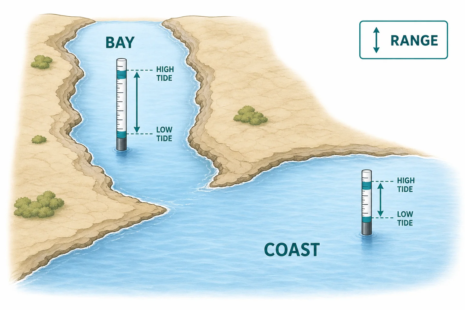 Coastal map showing how a narrow bay can have a larger tidal range than an open coast