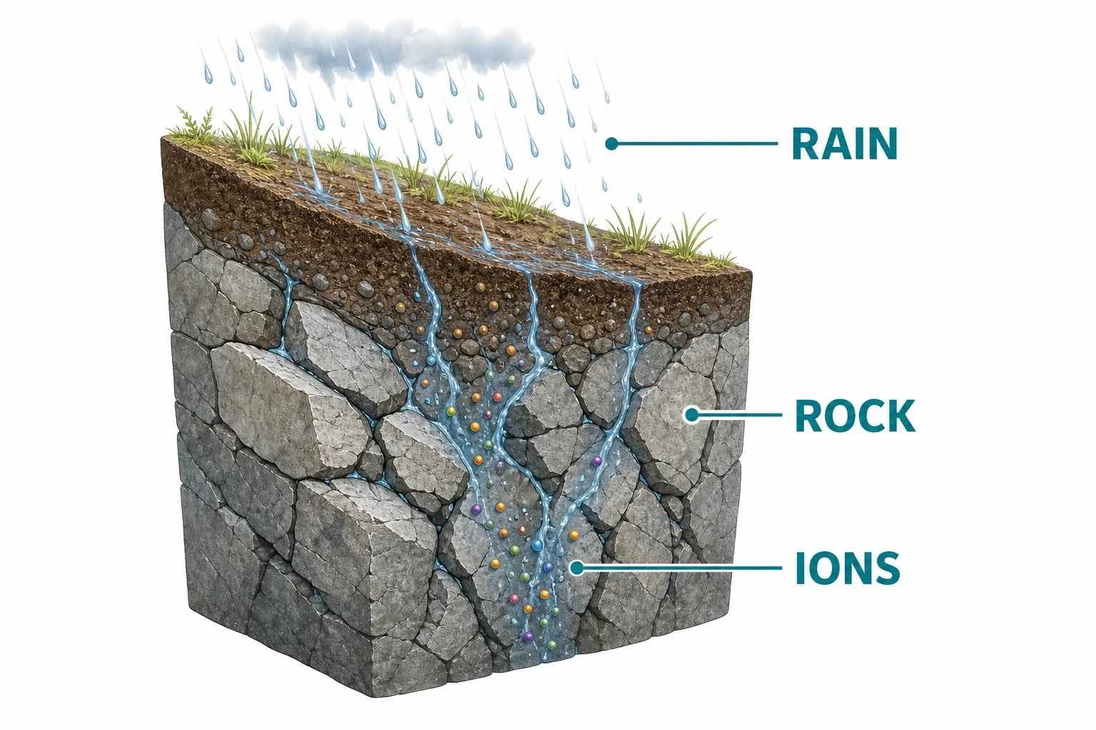 Rainwater moving through soil and cracks in rock while minerals dissolve into the water