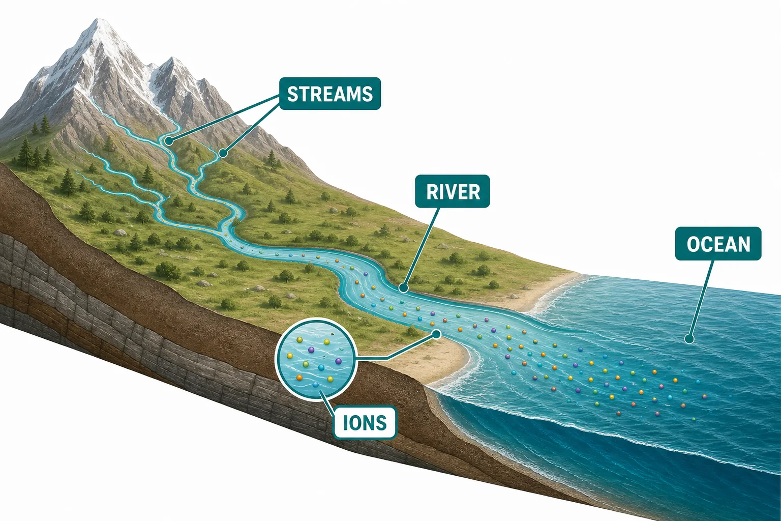 River network carrying dissolved minerals from mountains and plains into the ocean