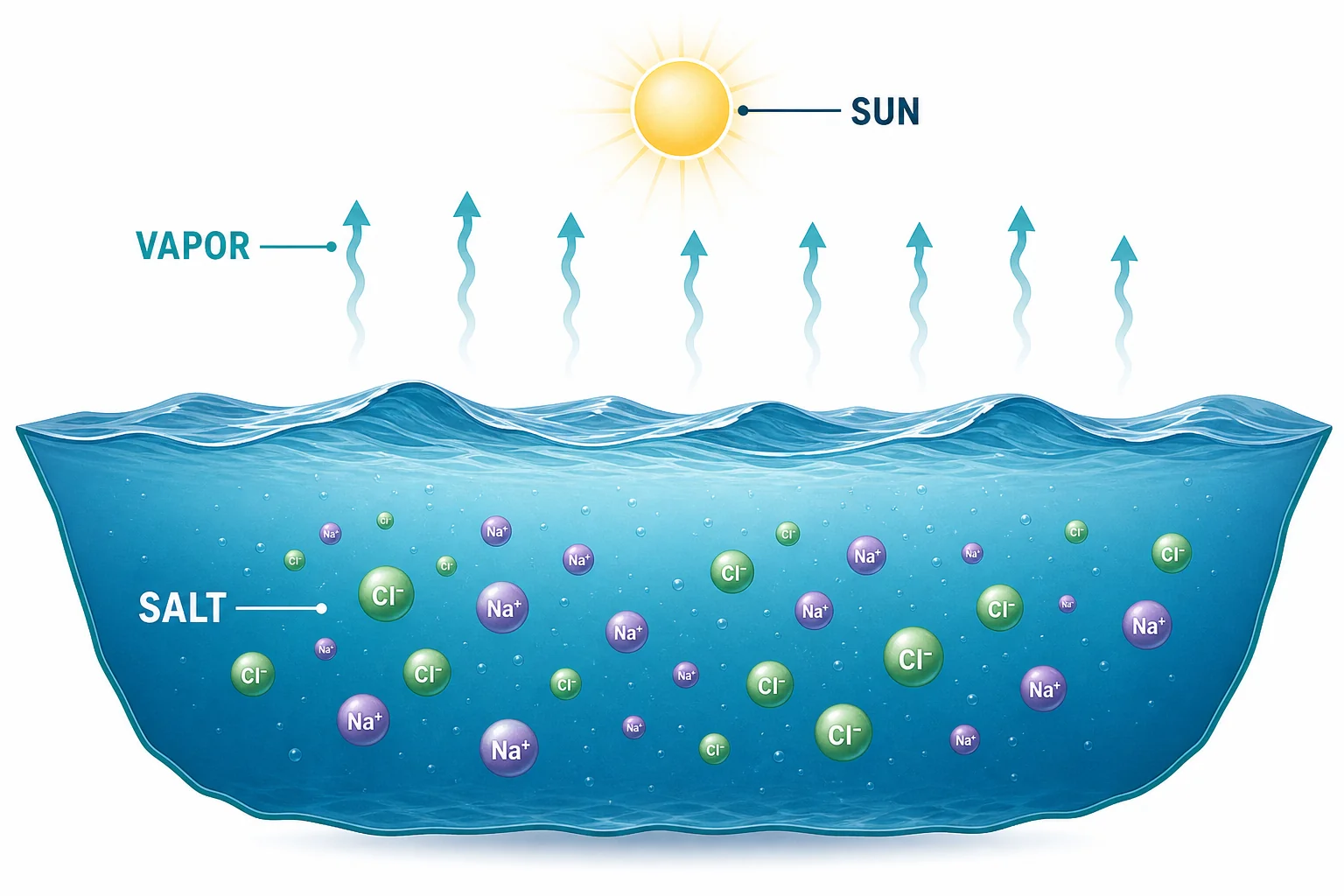 Ocean surface evaporating water vapor while dissolved salt ions remain in the water