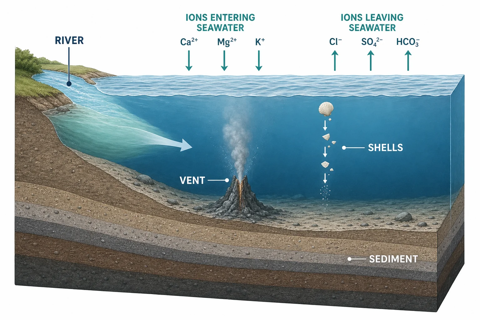 Ocean chemistry balance showing rivers and vents adding ions while shells and sediments remove ions