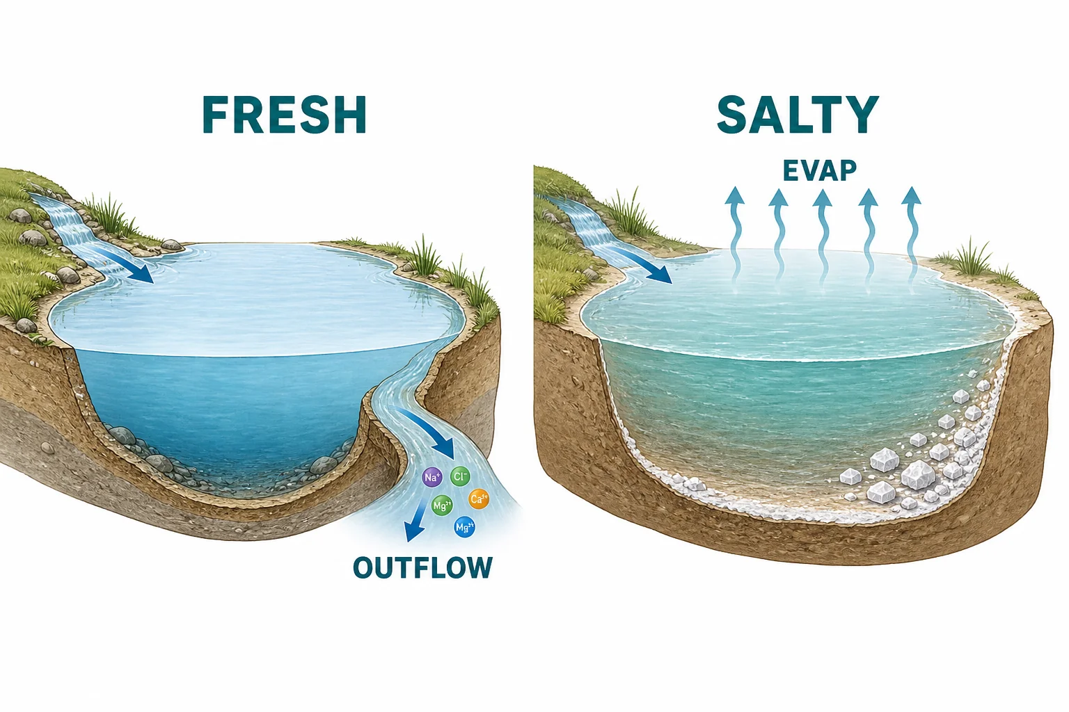 Comparison of a freshwater lake with an outlet and a salty lake where evaporation leaves salts behind