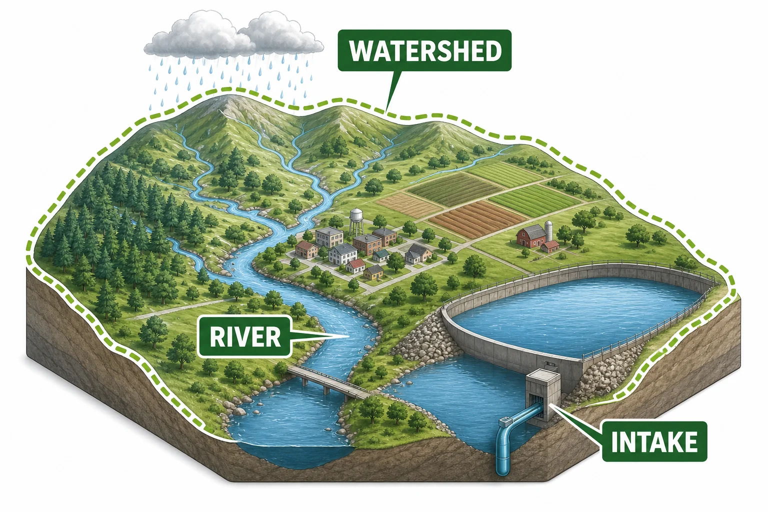 A watershed diagram showing rain flowing downhill through land into a river and reservoir used as a drinking water source.