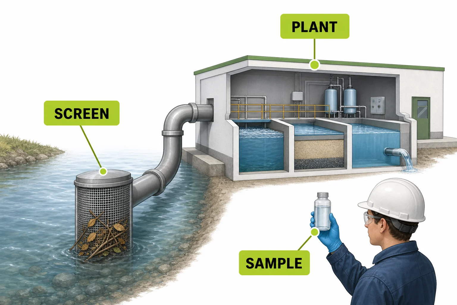 A drinking water treatment plant intake with screens removing large debris before water enters treatment tanks.