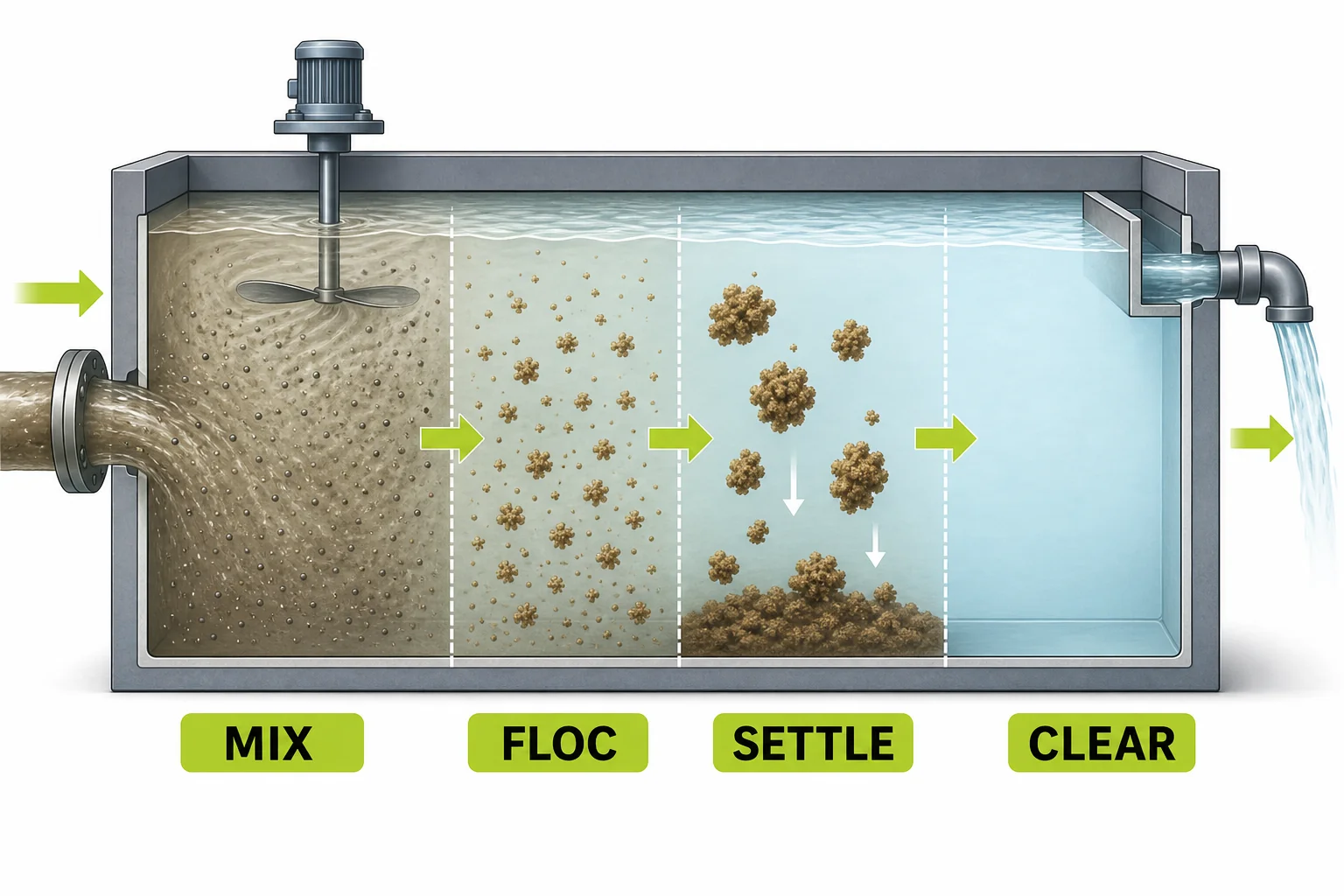 A cutaway settling basin showing tiny particles joining into floc and sinking while clearer water moves onward.