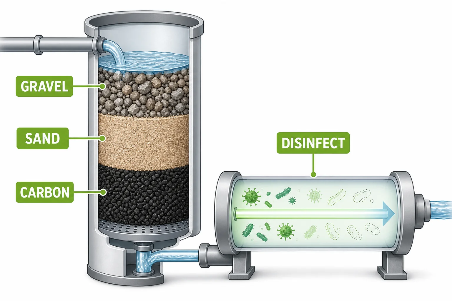 Water moving through layered filter materials and then through a disinfection step before leaving as treated water.