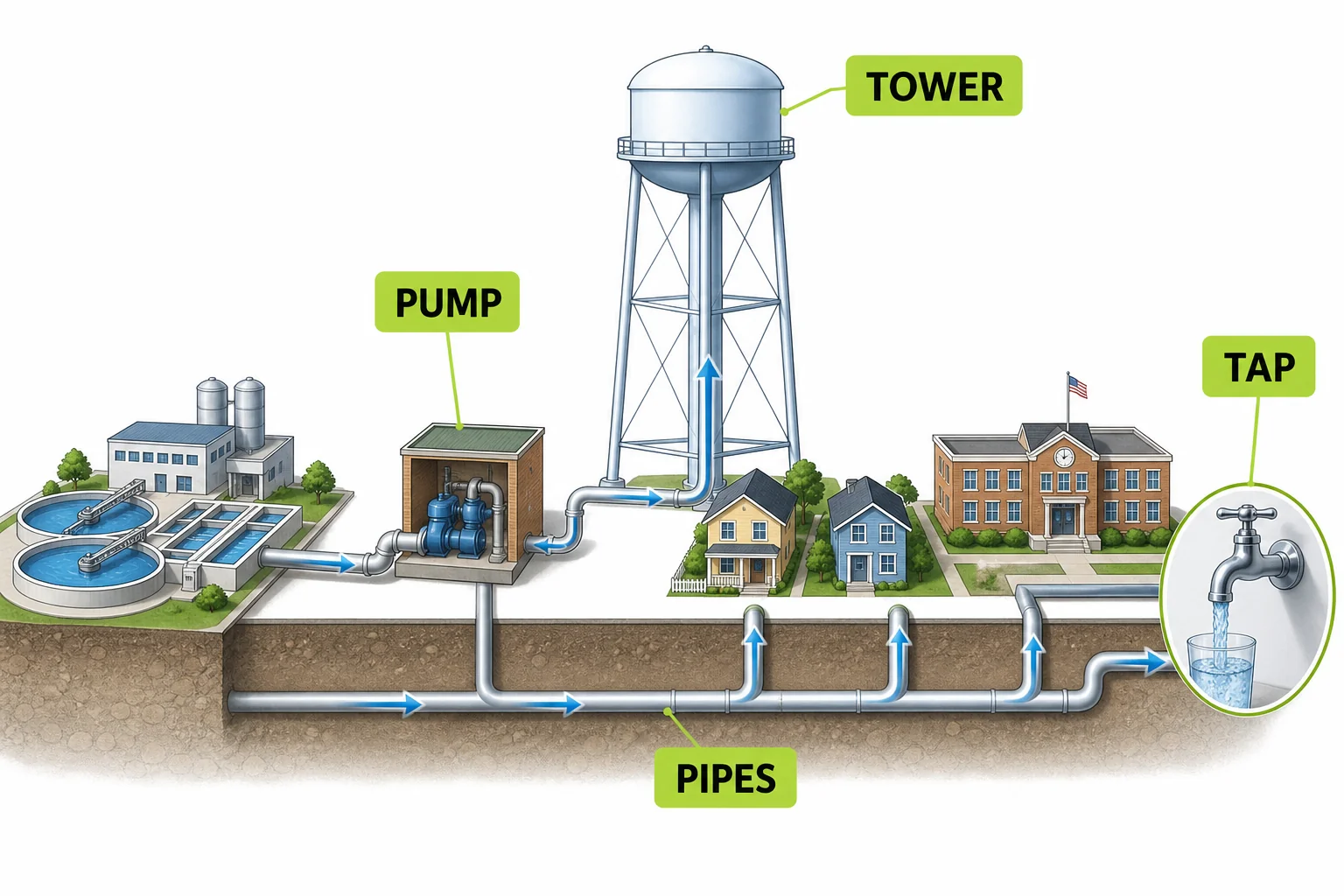 A water tower, pumps, underground pipes, homes, and a school connected in a pressurized drinking water distribution system.