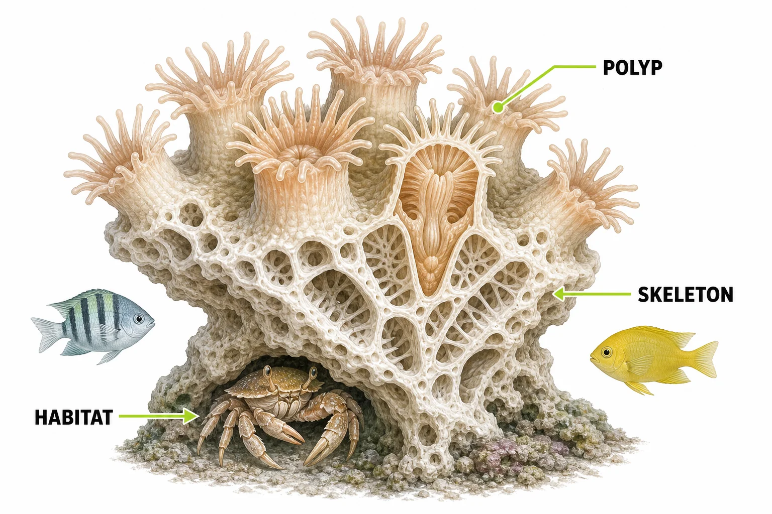 A cutaway diagram of a coral colony showing polyps, tentacles, a hard skeleton, and small reef animals using the structure