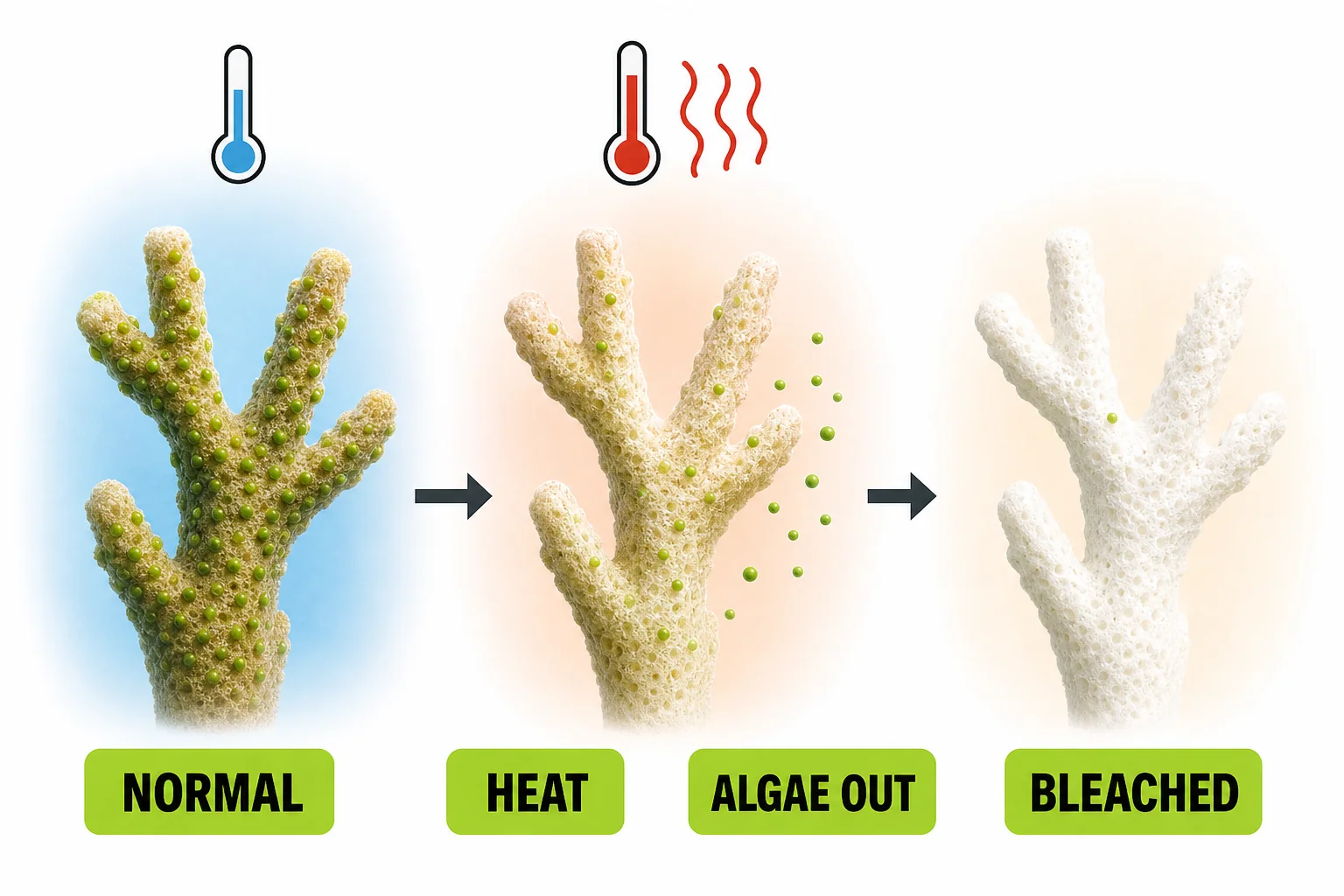 A sequence showing healthy coral in normal water, stressed coral during a heat wave, and white bleached coral after algae are lost