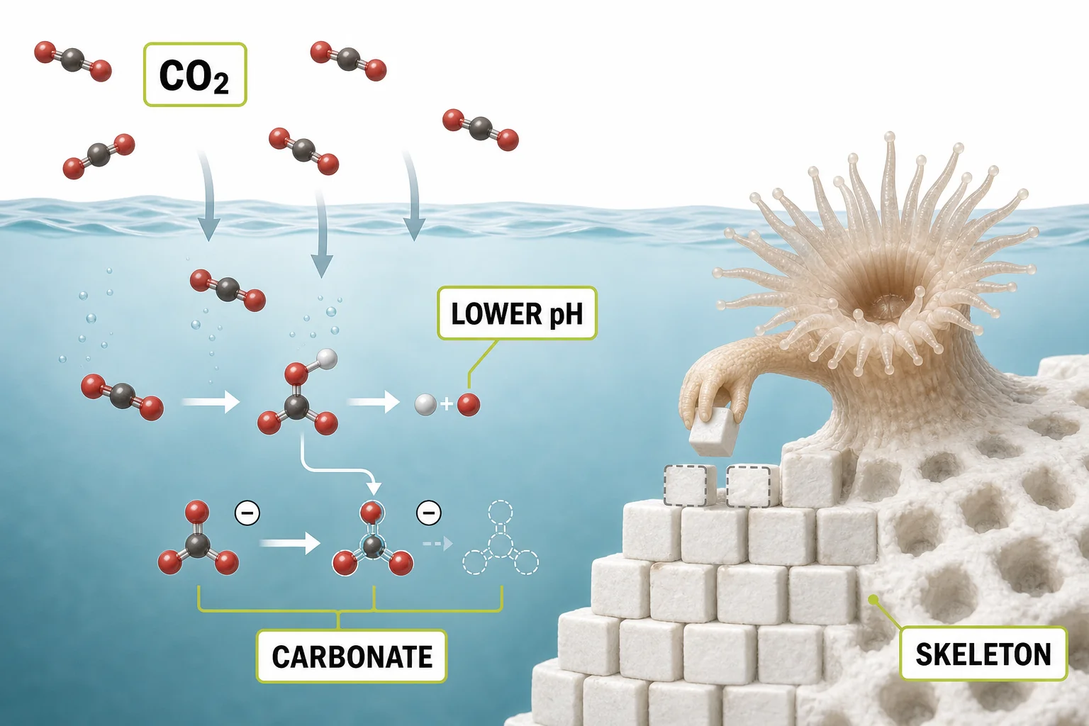 A simple ocean chemistry diagram showing carbon dioxide entering seawater and fewer carbonate building blocks reaching coral skeletons