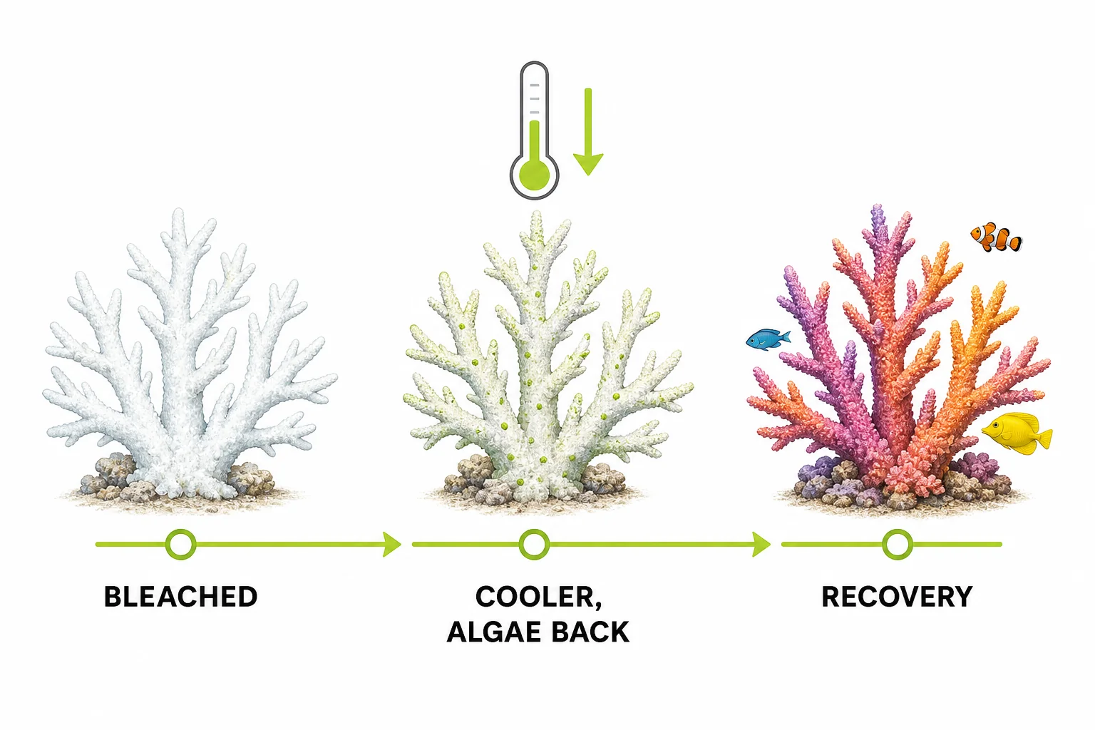 A recovery timeline showing bleached coral followed by returning algae and colored coral when water temperature drops