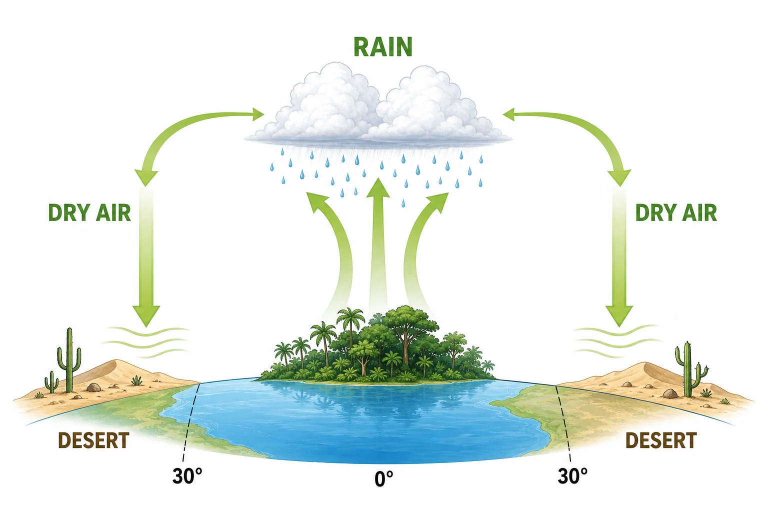 Cross section of Earth atmosphere showing rising moist air near the equator, rain clouds, and sinking dry air near subtropical deserts