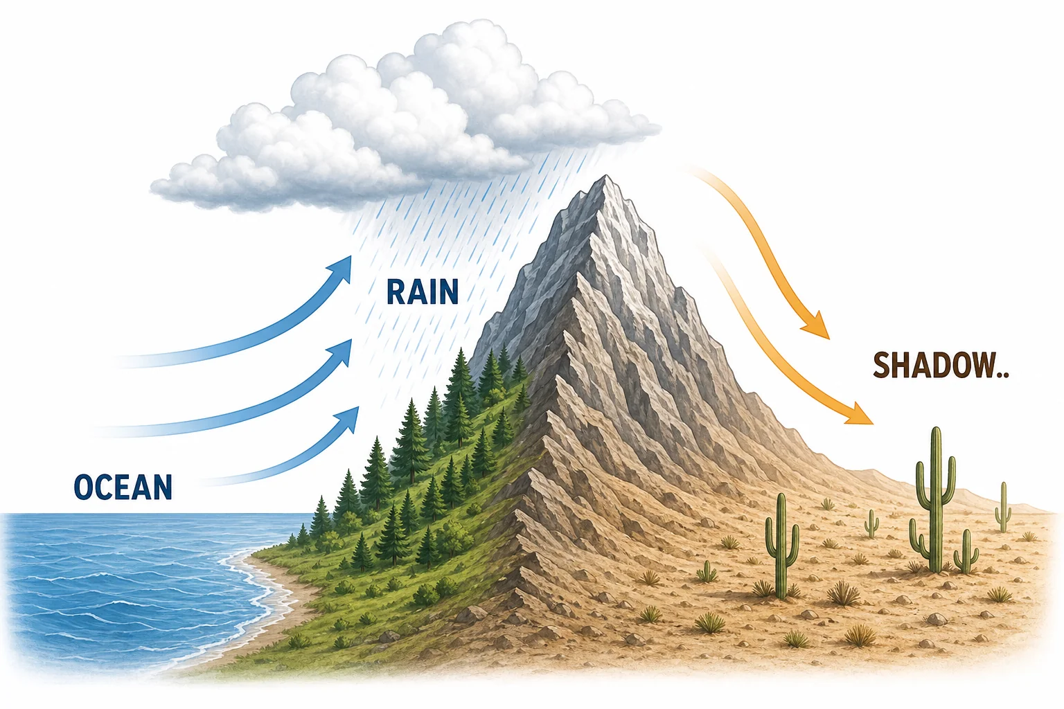 Mountain rain shadow diagram showing moist ocean air dropping rain on one side and dry air descending on the other side