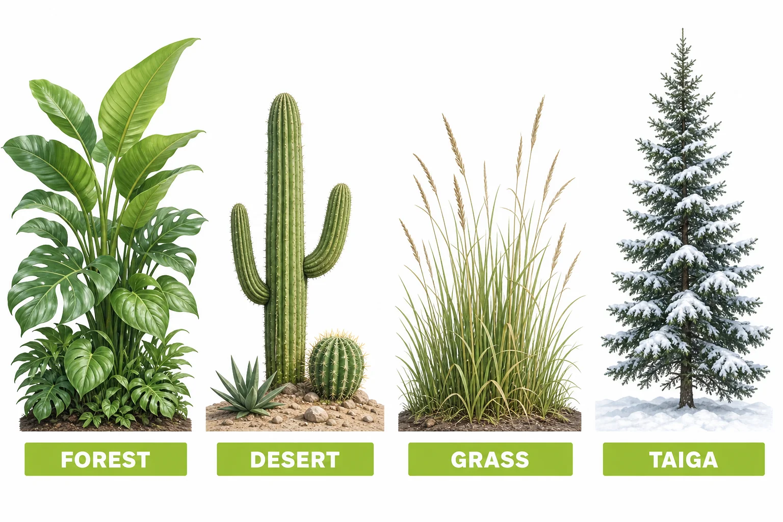 Comparison of plant adaptations in rainforest, desert, grassland, and boreal forest biomes