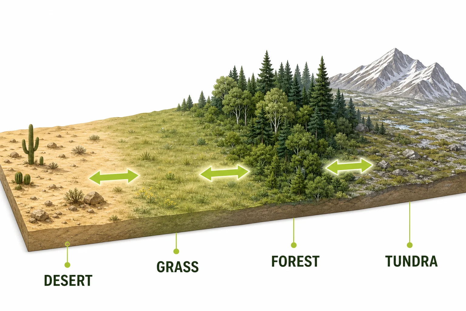 Map-style diagram showing gradual biome transition zones and arrows indicating biome boundary shifts over time