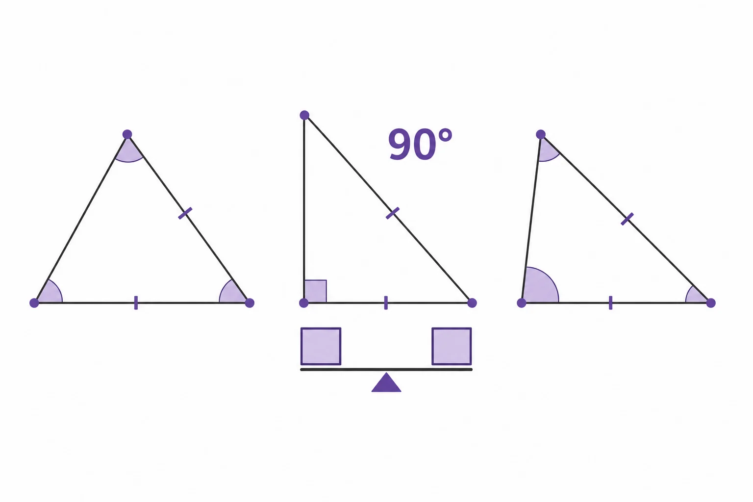 Three triangles with the same two side lengths but different included angles, showing that only the right triangle matches the square-area rule.