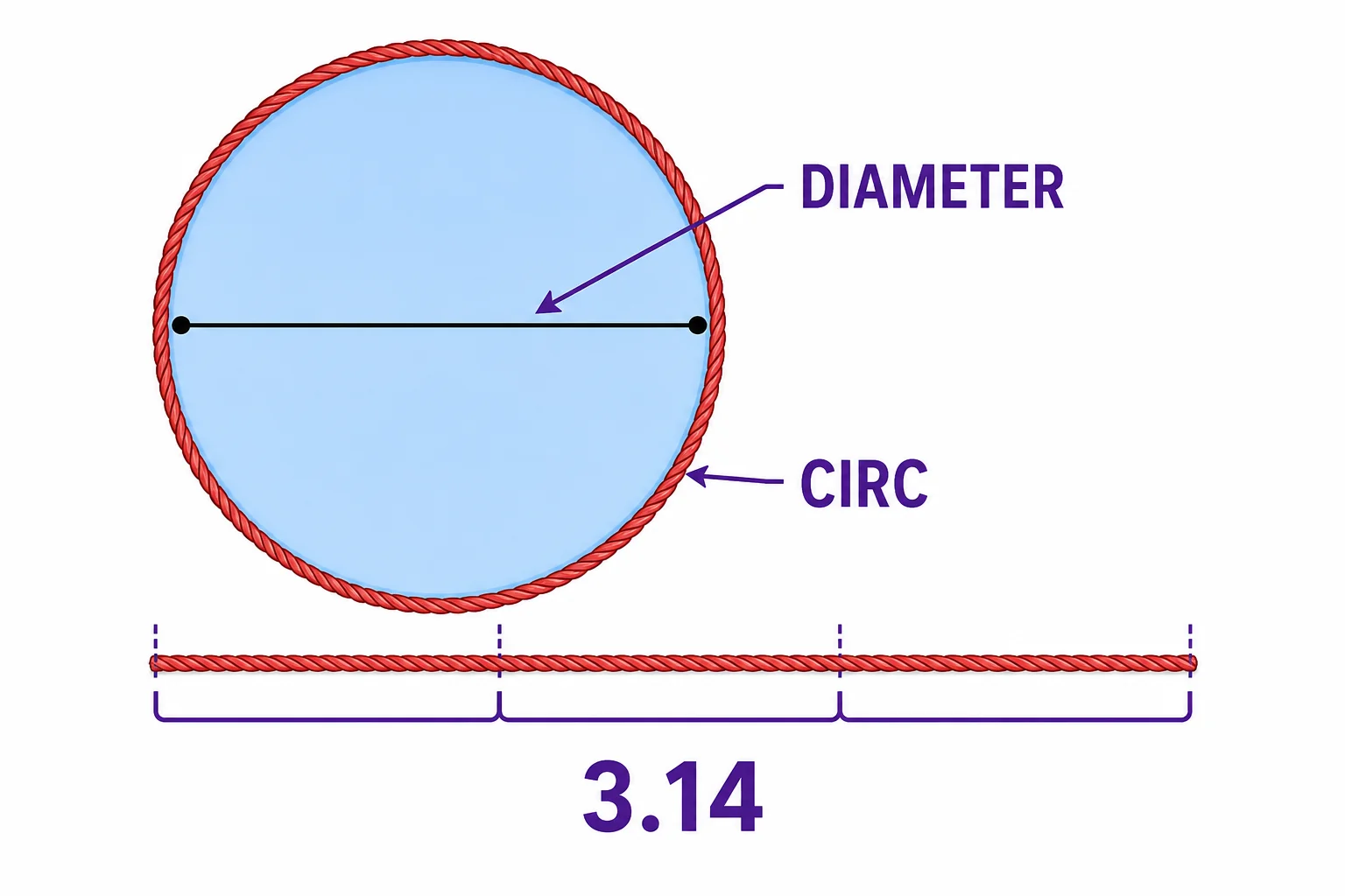 A circle with its diameter and a straightened circumference string shown side by side to compare the two lengths.