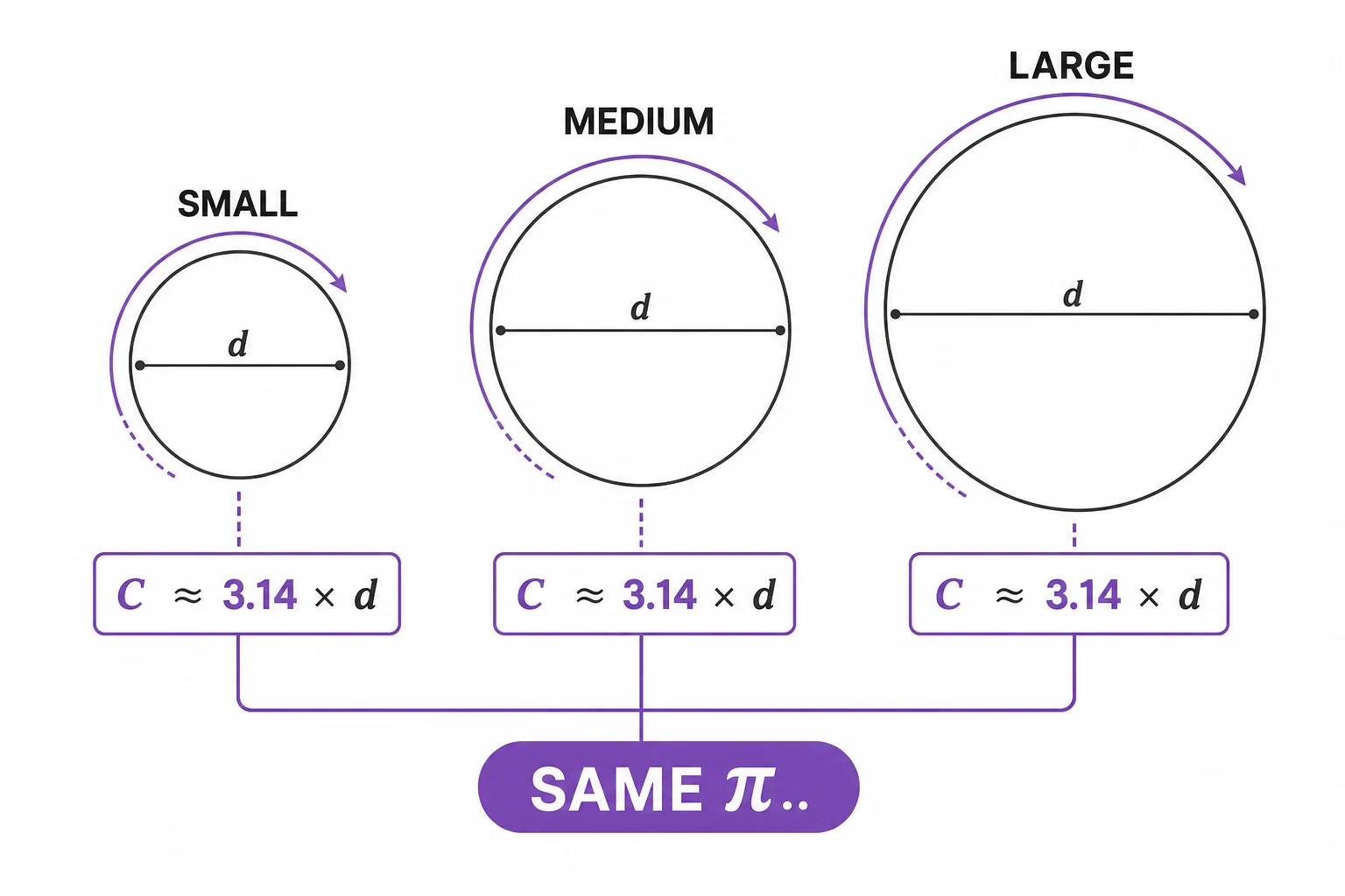 Three circles of different sizes with diameter and circumference values that all give a ratio near 3.14.