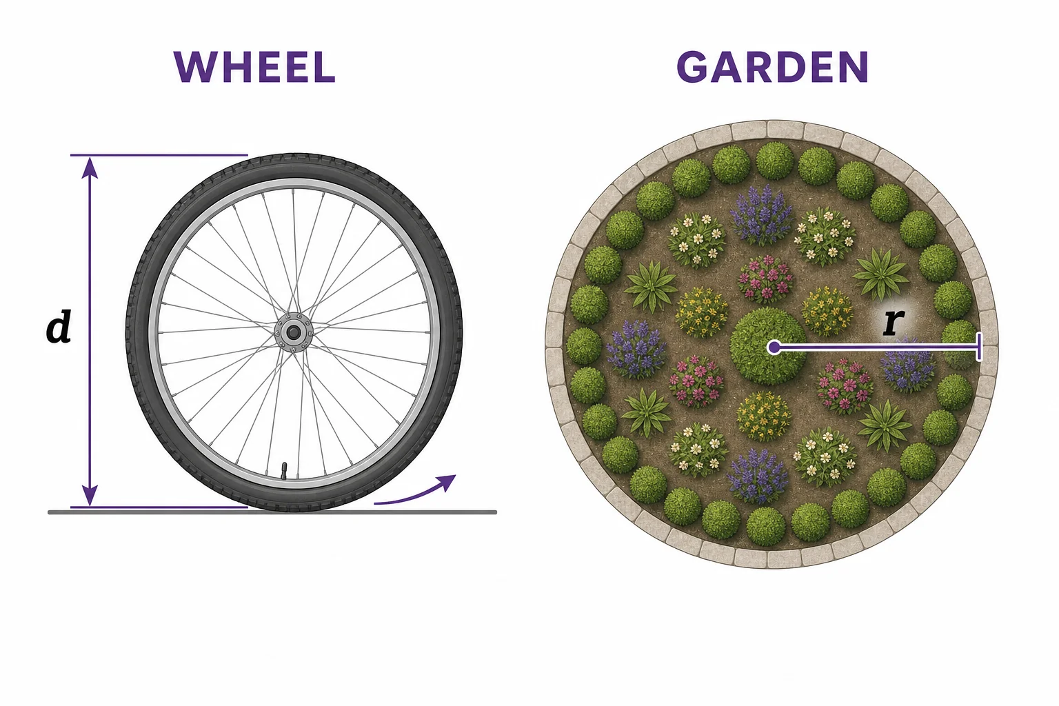 A bicycle wheel and a round garden showing how circumference and area formulas use pi in real settings.