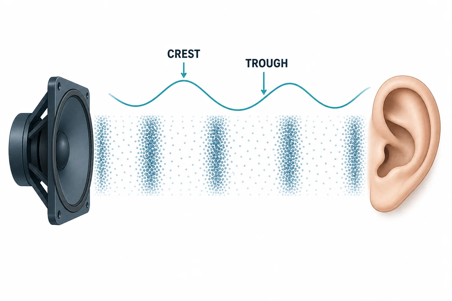 A speaker creates alternating high pressure and low pressure regions that travel through air toward an ear