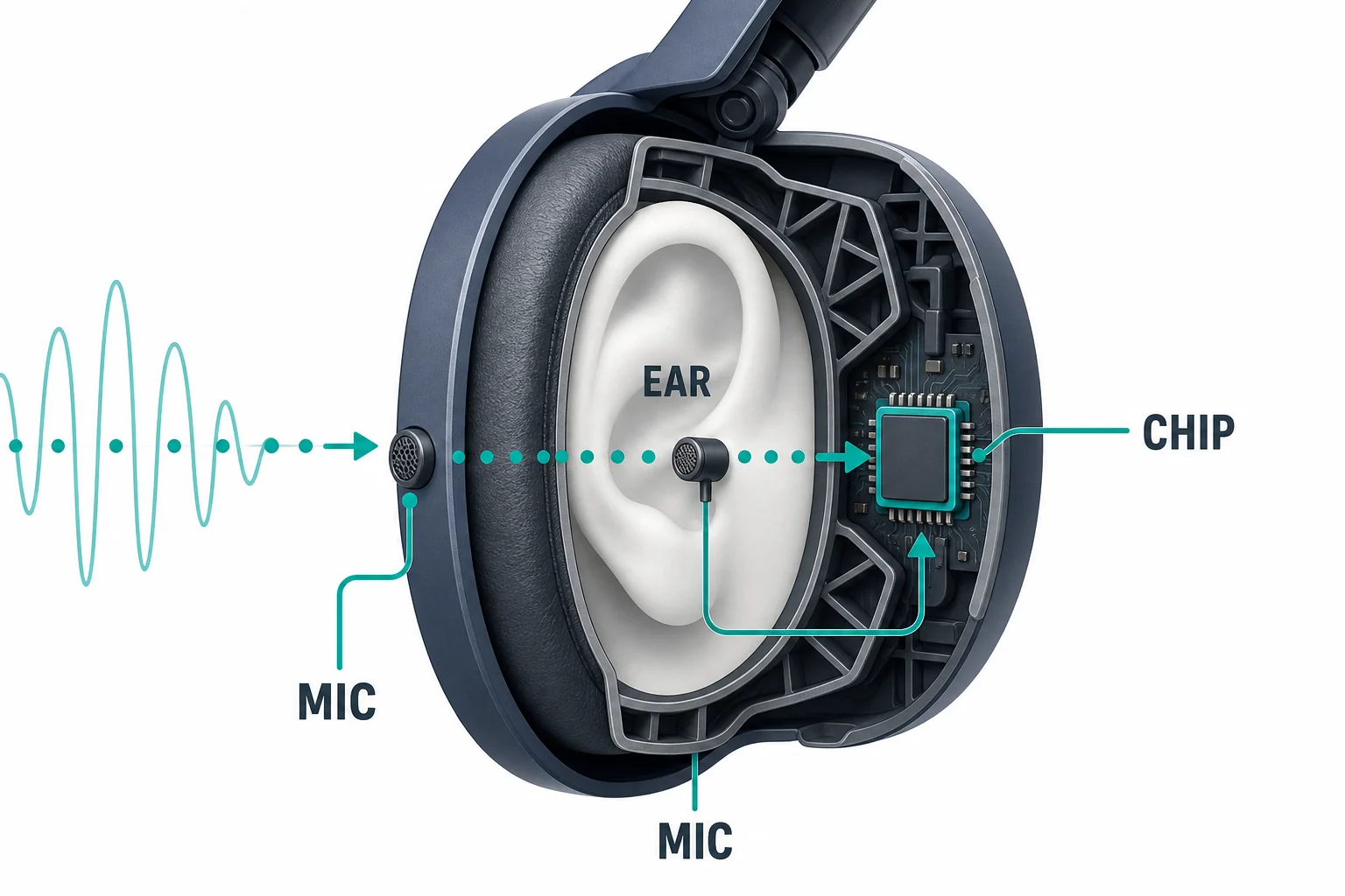 Headphone microphones measure outside noise and inside ear-cup sound before a processor sends a correction signal