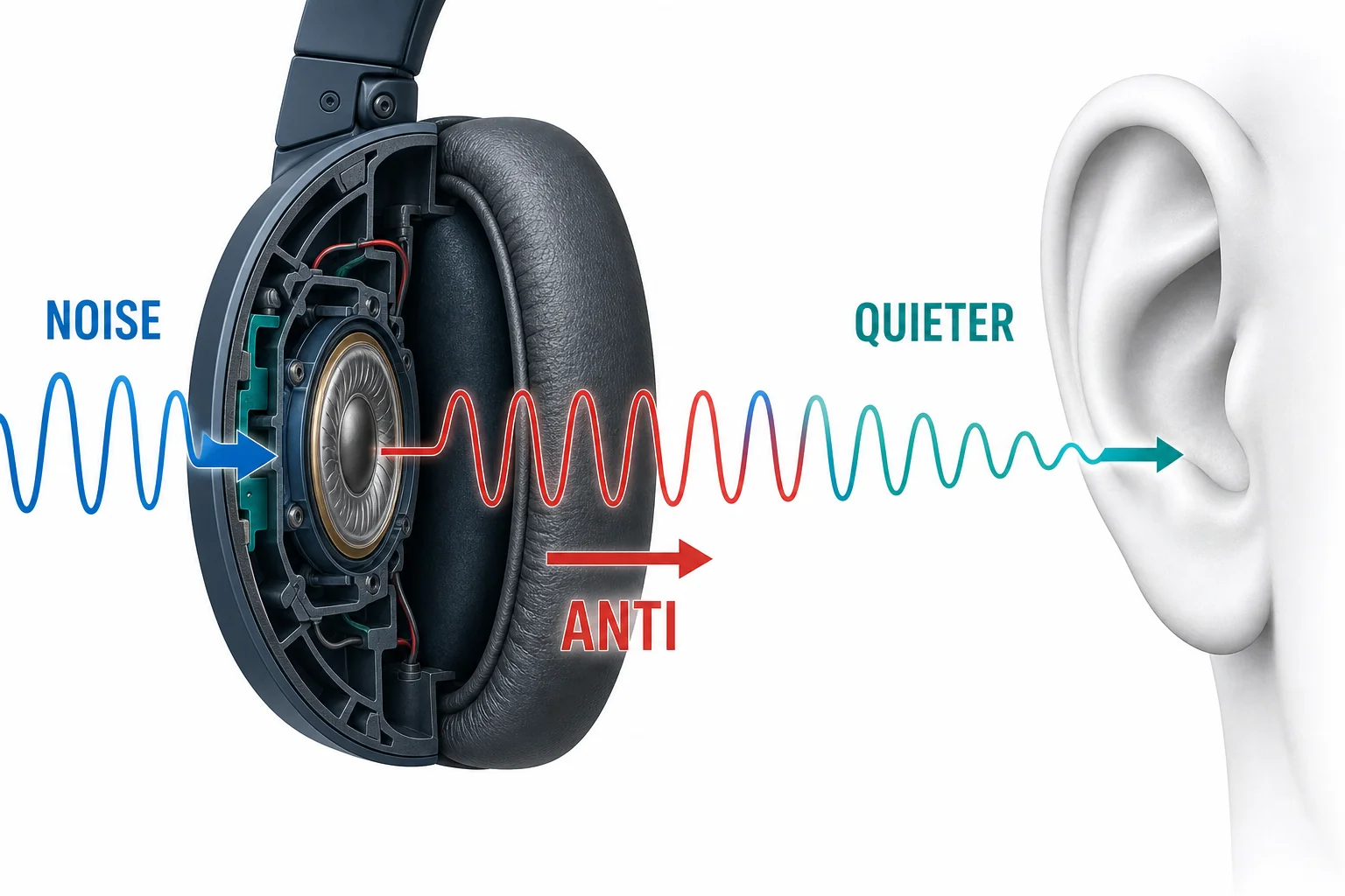 A headphone speaker produces an opposite wave that meets incoming noise near the ear