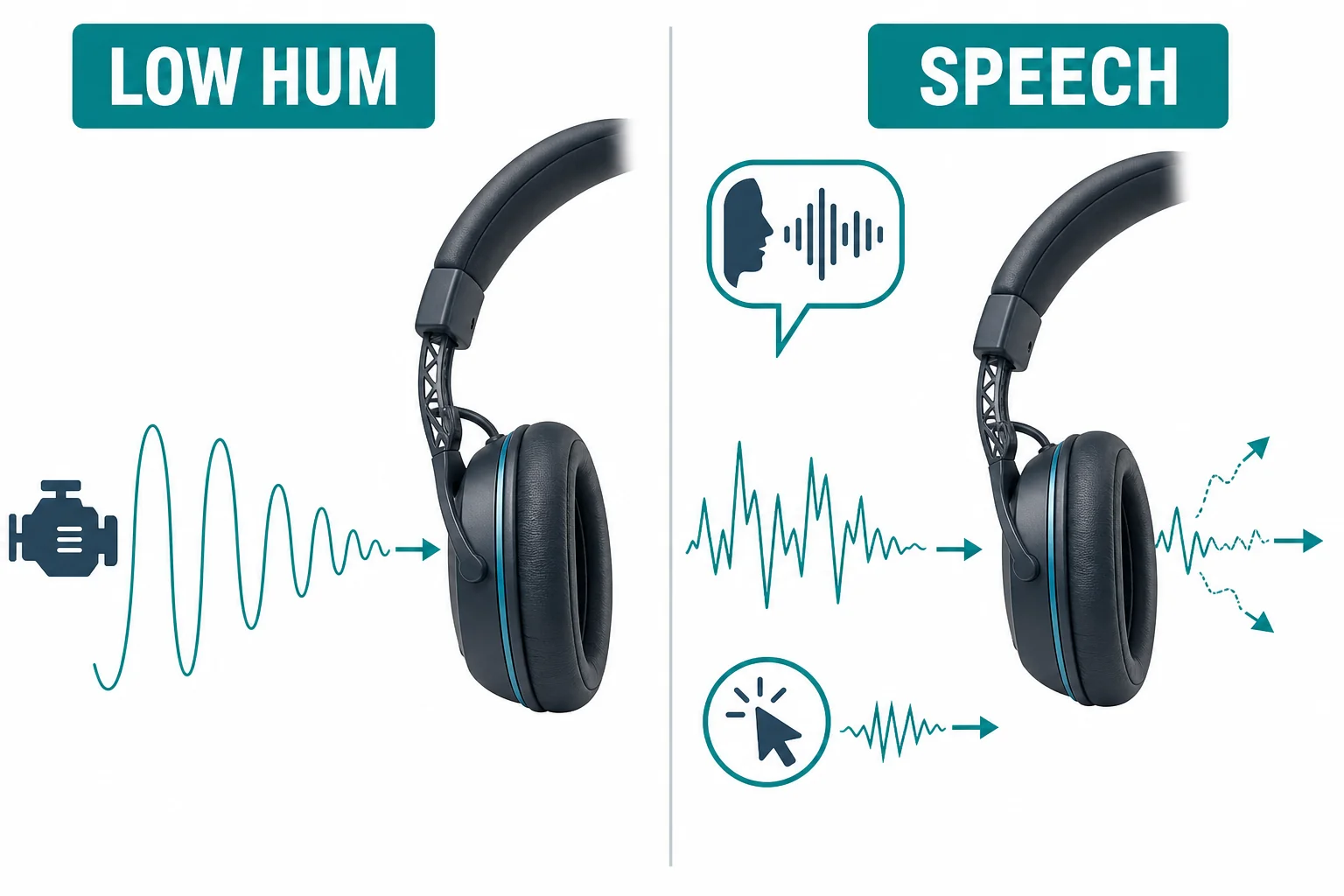 Comparison showing strong reduction for low steady engine noise and weaker reduction for sudden speech and clicks