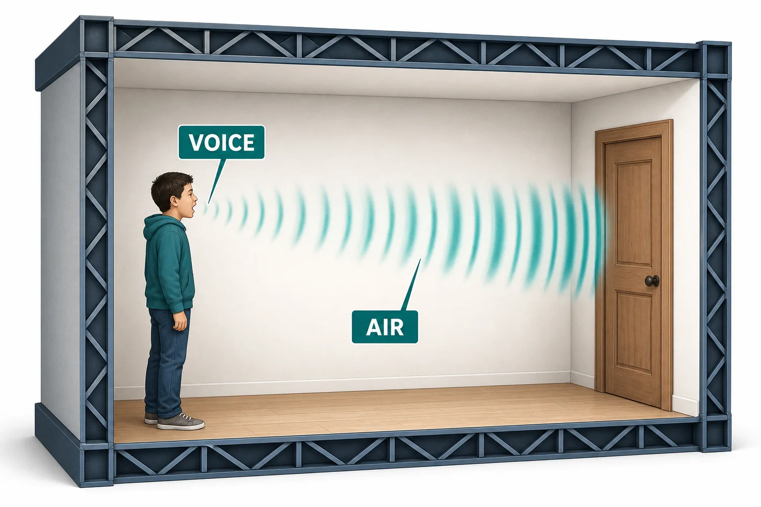 A speaker in one room creates bands of air compression that move toward a closed door.