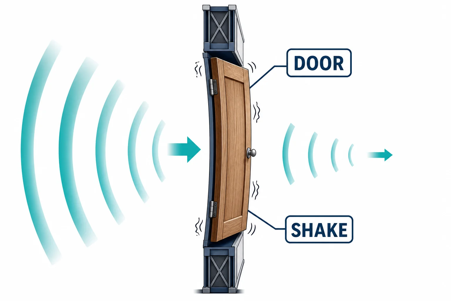 A closed door bends slightly as sound waves hit one side, then sends smaller waves from the other side.