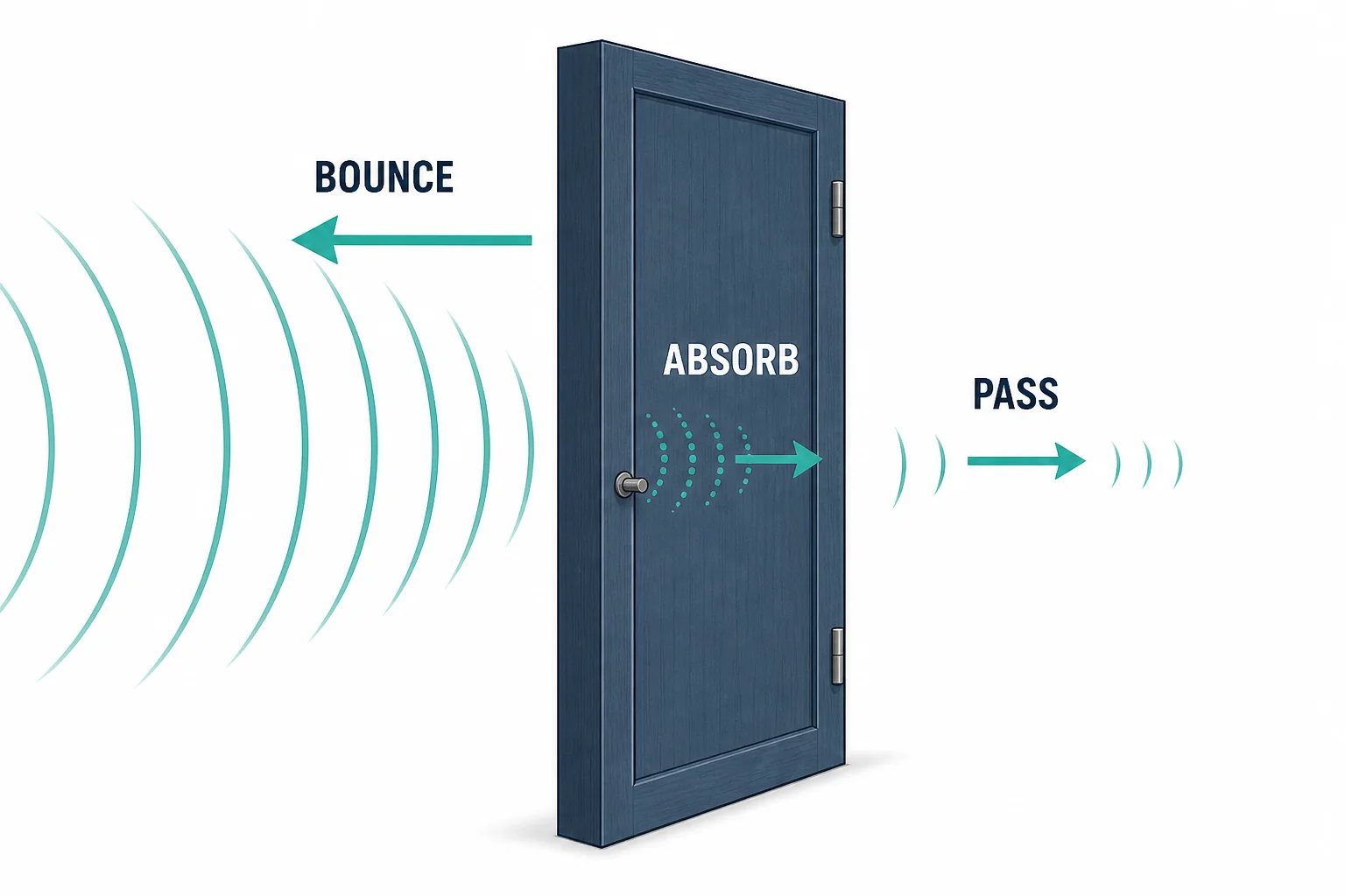 Sound at a door splits into reflected sound, absorbed sound, and transmitted sound.