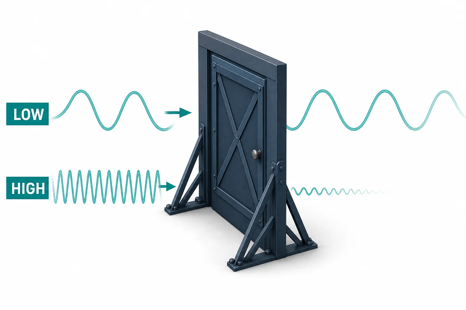Low-frequency waves pass through a door more strongly than high-frequency waves, which fade more.