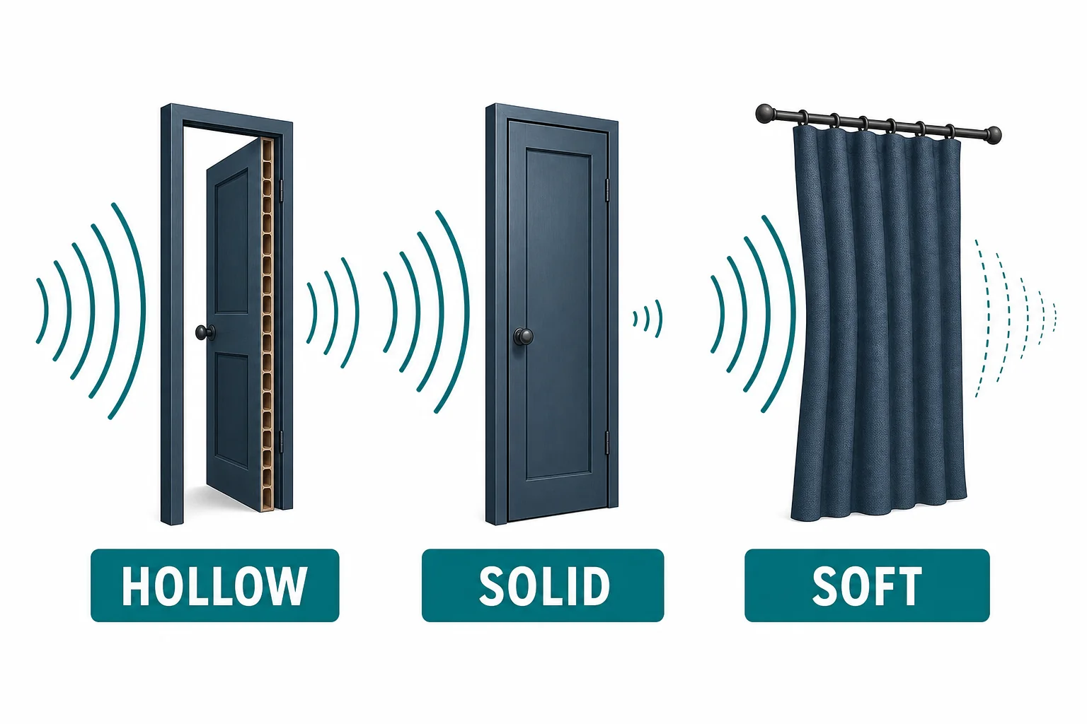 A comparison of a hollow door, a solid door, and a soft curtain showing different amounts of sound passing through.