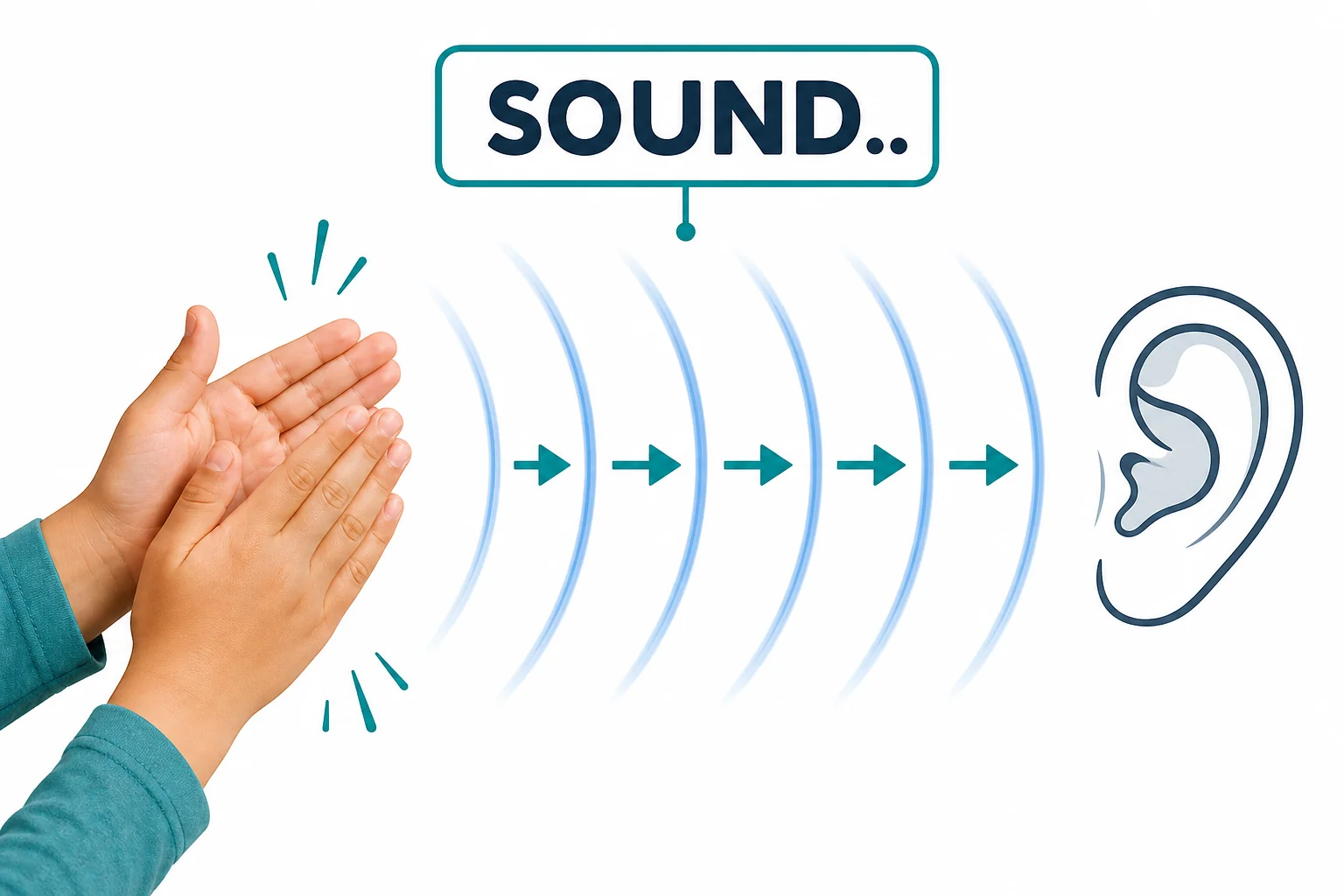 A pair of clapping hands sends circular sound wave rings outward through the air toward a nearby ear.