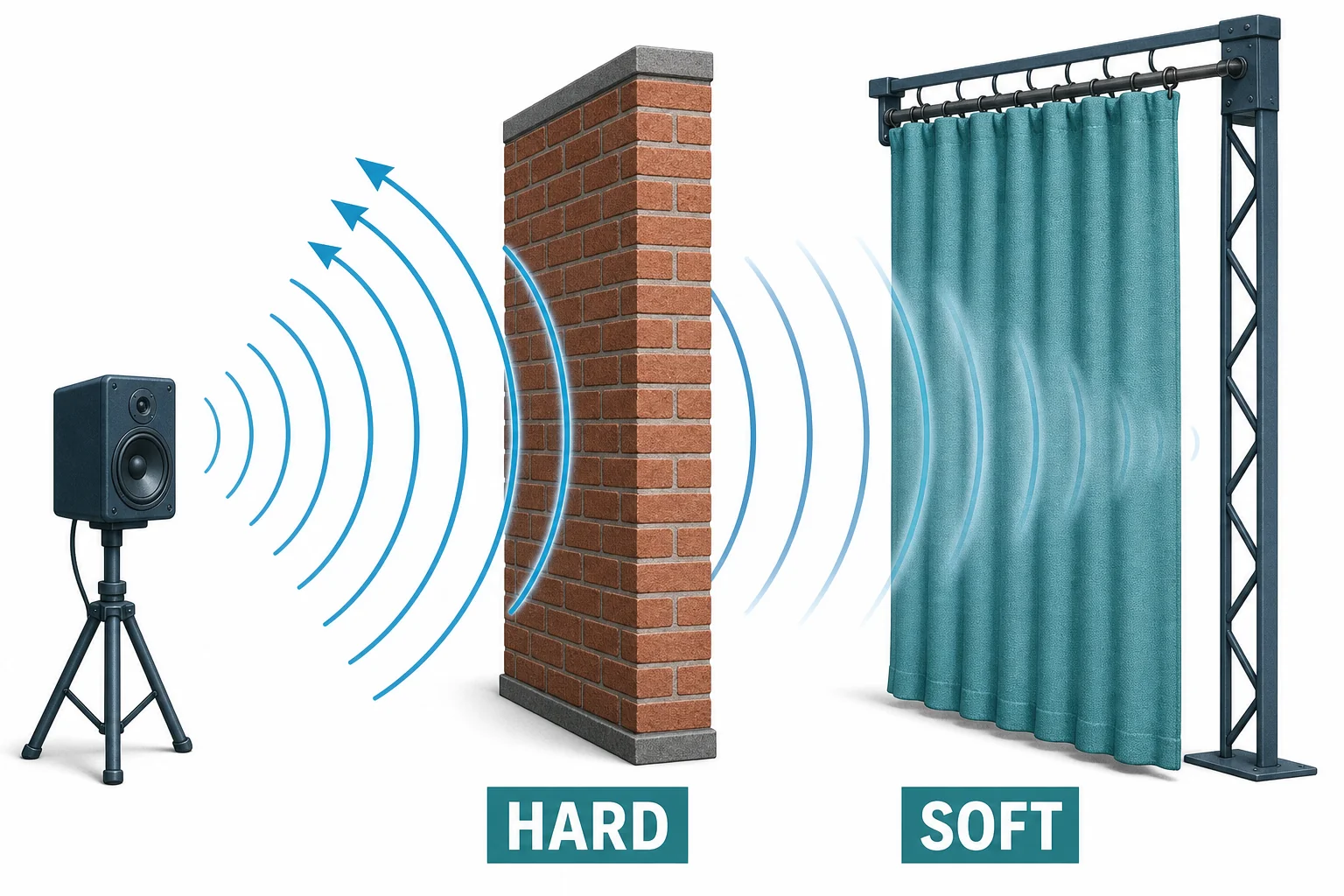 Sound waves from a speaker bounce off a brick wall, while fewer waves return from a curtain nearby.